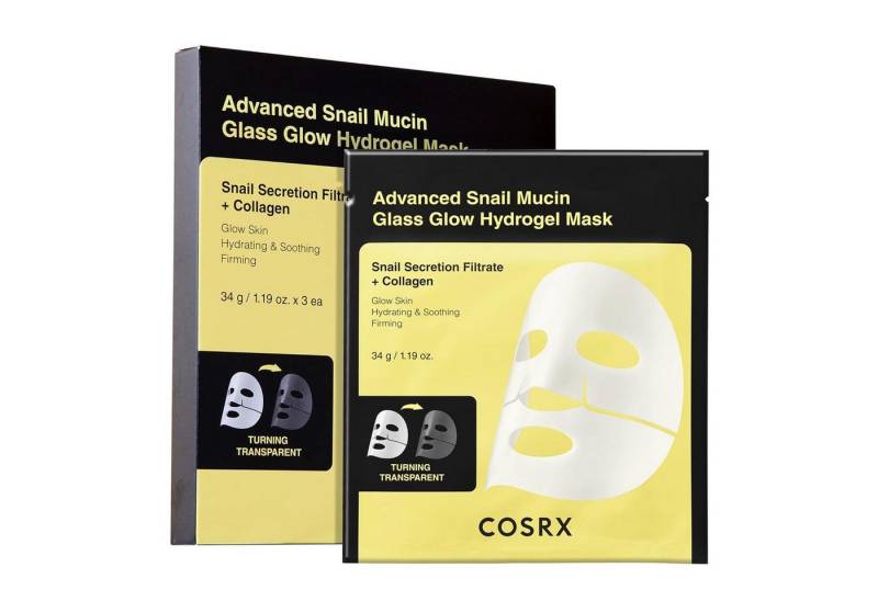 Cosrx Gesichtsmasken-Set Advanced Snail Mucin Glass Glow Hydrogel Mask – Intensiv hydratisierende Gesichtsmaske – 3er-Set (34 g), Tiefenwirksame Feuchtigkeit, Glass Skin-Finish, Anti-Aging von Cosrx