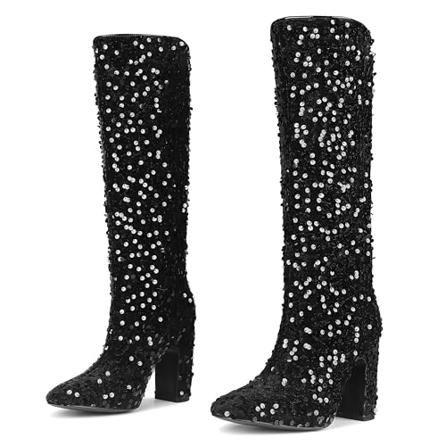 Cossansan Damen Kniehohe und Oberschenkelhohe Stiefel – glitzernde Pailletten GoGo-Stiefel mit klobigem Absatz und quadratischer Zehenpartie – perfekt für Kleid, Kostüm und Partyschuhe, A-Schwarz Cossansan Damen Kniehohe und Oberschenkelhohe Stiefel – glitzernde Pailletten GoGo-Stiefel mit klobigem Absatz und quadratischer Zehenpartie – perfekt für Kleid, Kostüm und Partyschuhe, A-Schwarz von Cossansan