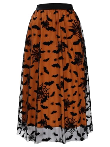 Cossoul Halloween-Tüllrock für Damen, Kürbis, elastische Taille, mehrlagiges Netzgewebe, Midi-Hexenrock, Orangefarbene Fledermäuse, L/XL Cossoul Halloween-Tüllrock für Damen, Kürbis, elastische Taille, mehrlagiges Netzgewebe, Midi-Hexenrock, Orangefarbene Fledermäuse, L/XL von Cossoul