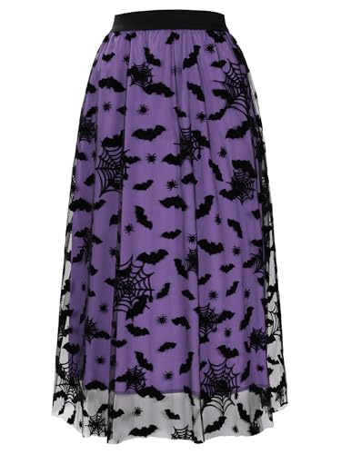 Cossoul Halloween-Tüllrock für Damen, Kürbis, elastische Taille, mehrlagiges Netzgewebe, Midi-Hexenrock, Violette Fledermäuse, L/XL Cossoul Halloween-Tüllrock für Damen, Kürbis, elastische Taille, mehrlagiges Netzgewebe, Midi-Hexenrock, Violette Fledermäuse, L/XL von Cossoul