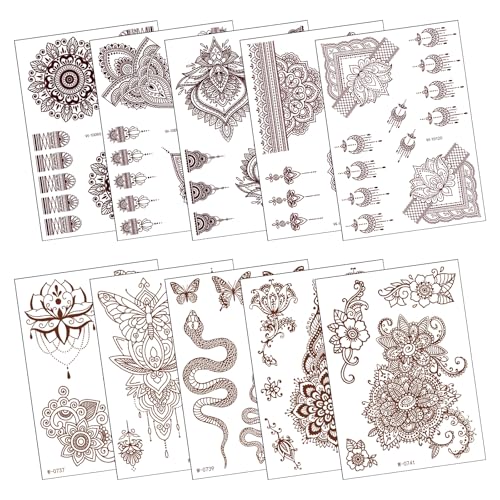 10 Blätter Braun Tattoos Aufkleber,Cosswe Temporäre Tattoos Schablone Set Erwachsene Aufkleber, Körperkunst Arm Spitzen Gefälscht Tatoos von Cosswe