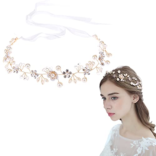 Romantisches Braut Stirnband mit Perlen & Kristallen - Vintage Blumen Haarschmuck für Braut & Brautjungfern (Gold) von Cosswe
