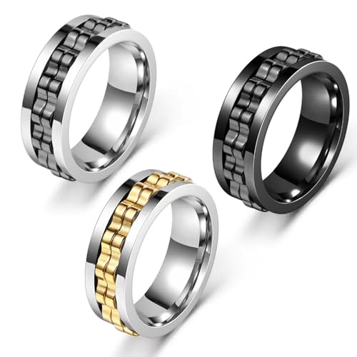Cosswe 3 Stück Modischer Ring Entspannender Titanstahl Ringe Fidget Ringe Cool Gedrehter Kette Anti-Angst-Ring Punk Zahnrad Drehring Gothic Hip Hop Modeschmuck für Frauen,Männer,Jungen von Cosswe