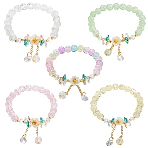 Cosswe 5 Stück Mädchen Bunte Perlen Armbänder Kamelienblüten Blume Elastische Armbänder,Kinder Schmuck Armbänder Freundschafts Armbänder für Geburtstagsgeschenk Kinder Mädchen von Cosswe