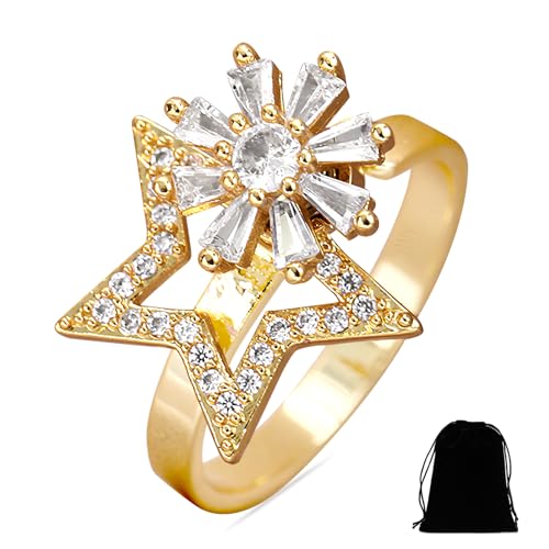 Cosswe Angst Spinning Ringe für Damen,Verstellbare Fidget Spinner Ringe Angst Fidget ringe Blume Stern Anxiety Ring Stress Entlastungsring Anxiety Zirkonia Offen Spinner Ring für Stress Abbauen von Cosswe