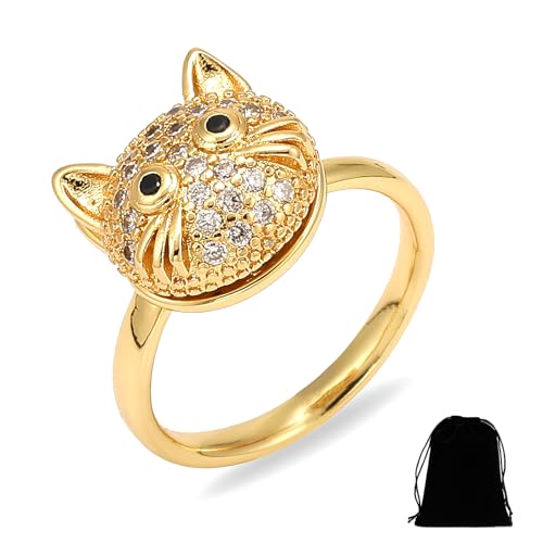 Cosswe Angst Spinning Ringe für Damen,Verstellbare Fidget Spinner Ringe Angst Fidget ringe Katze Anxiety Ring Stress Entlastungsring Anxiety Zirkonia Offen Spinner Ring für Stress Abbauen von Cosswe