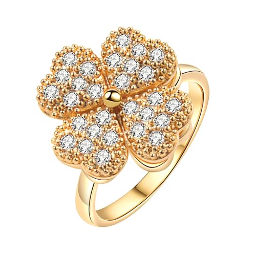 Cosswe Anxiety Ring Spinner Ringe für Damen, Offener Fidget Spinner Ringe, Verstellbar Anti Stress Ring, Vier Blatt Gras bringt Glück drehbaren Verstellbare Stapelbare für Stress Abbauen (Gold) von Cosswe