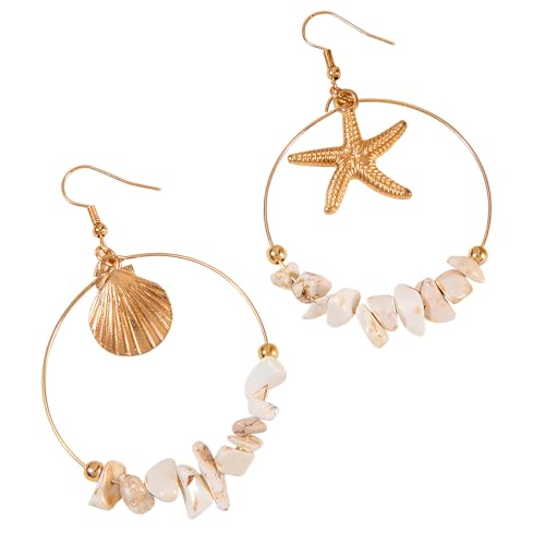 Cosswe Asymmetrische Ohrschläufen aus Schalen und Seestern Boho Strand-Ohrringe Sommerurlaubsschmuck Handgefertigte Strand-Ohrringe Geometrische Ohrschläufen aus Stein von Cosswe