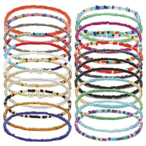 Cosswe Boho Fußkette Damen, 24 Stück Bunte Perlen Fußkette Boho Geschichtetes Perlen Fußkettchen Set Fußkettchen für Damen von Cosswe