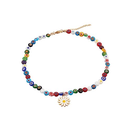 Cosswe Damen Boho Bunte Perlenkette Kette Blume Daisy Halsketten Verstellbare Bunte Daisy Halskette für Mädchen Sommer Halskette Schmuck Zubehör von Cosswe