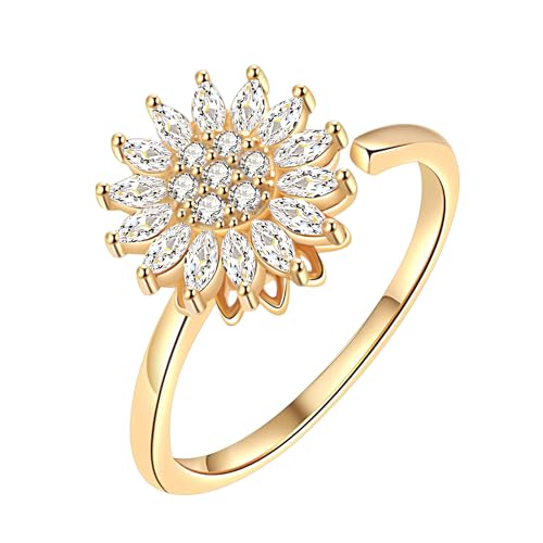 Cosswe Angst Spinning Ringe für Damen, Offener Ring Fidget Spinner Ringe, Anxiety Ring Sonnenblume Zirkonia Zappelringe, Verstellbare Stapelbare für Stress Abbauen (Gold) Cosswe Angst Spinning Ringe für Damen, Offener Ring Fidget Spinner Ringe, Anxiety Ring Sonnenblume Zirkonia Zappelringe, Verstellbare Stapelbare für Stress Abbauen (Gold) von Cosswe
