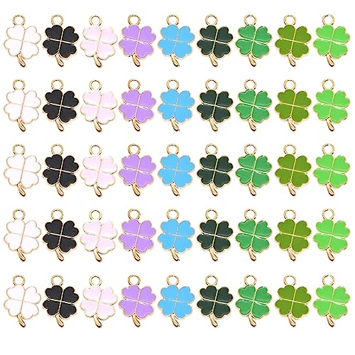 Cosswe Glücksbringer Vierblättriges Kleeblatt, 48 Stück Vierblättrige Kleeblatt Anhänger Metall Halsketten Zubehör DIY Basteln Schmuck Ornamente Autoschlüsselanhänger Glück Schlüsselanhänger (Bunt) von Cosswe