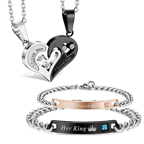 Cosswe 4 Stück Passende Halskette und Armband für Paare Oder Beste Freunde Ketten Schmuck Herzkette und King Queen Armbänder Partnerarmbänder Halsketten Armbänder Passendes für Liebhaber von Cosswe