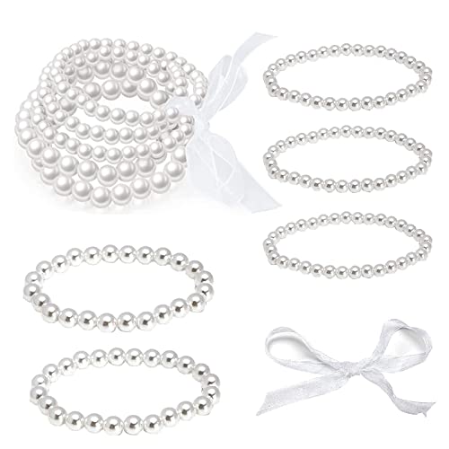 Cosswe Perlenarmband Set - 10 Stücke Künstliche Perlen Stretch Armband, Stapelbar für Damen Brautparty Hochzeit 1920 Accessoires - Weiß Kunstperle von Cosswe