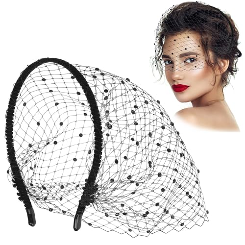 Fascinator Schwarz Mesh Schleier Stirnband Vintage Schleier Fascinator Mesh Spitze Stirnband der 1920er Jahre Damen Kopfschmuck Hochzeit Teeparty Abschied Damen Schleier Braut Kopfschmuck von Cosswe