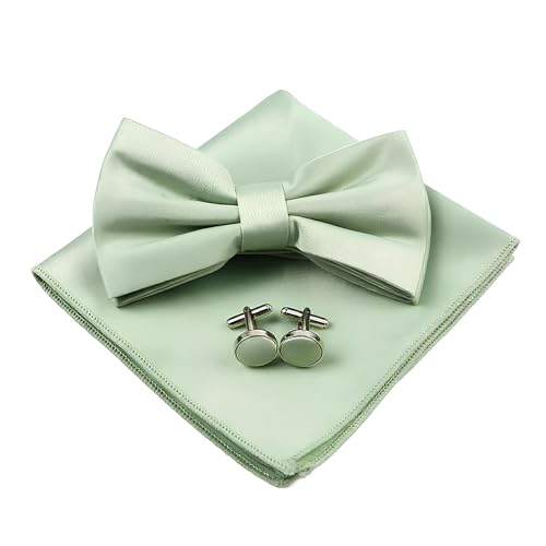 Fliege Herren Mit Taschentuch Manschettenknöpfe Set, Grüner Fliege Seide Einstecktuch mit Manschettenknöpfe,Verstellbare Vorgebundene Fliege für Hochzeit Abendpartys Feierlichkeiten Formelle Anlässe von Cosswe