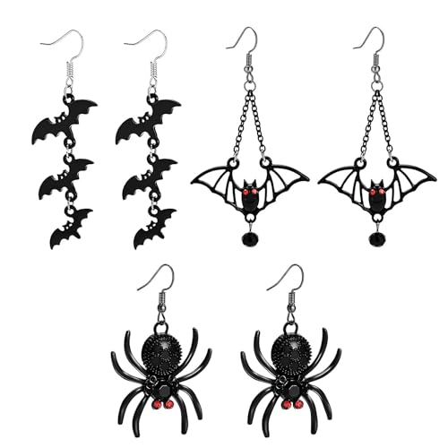 Halloween Ohrringe,3 Stück Fledermaus Ohrringe Spinnen Ohrring Tier Damen Lang Hängende Ohrhänger Vampir Kostüm Zubehör Schmuck Halloween Karnev Kostüm Schwarze von Cosswe