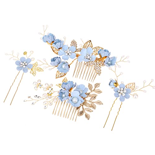 Hochzeit Haarschmuck,4 Stück Brautschmuck Haarkamm Haarspange Haarschmuck Braut Blumen Haarkamm Haarspange Strass Brautschmuck Kamm Haarspange für Kommunion MäDchen Braut Brautjungfer (blau) von Cosswe