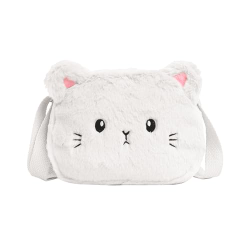 Kinder Umhängetasche Mädchen, Plüsch Kindertasche Mädchen Handtasche Katze CrossBody Messenger Bag Verstellbare Umhängetasche Klein Katze Schultertasche-Weiße von Cosswe