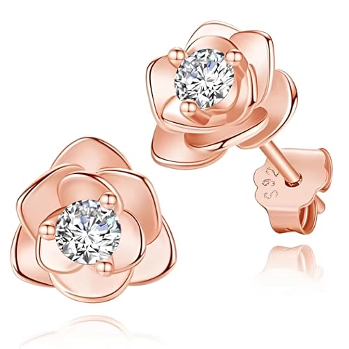 Cosswe Ohrringe Silber 925 Rosegold - Zierliche Knorpel Hypoallergene Rosen Blumen Damen Ohrstecker 1 Paar Ohrringe Silber Zirkonia Design 5mm von Cosswe