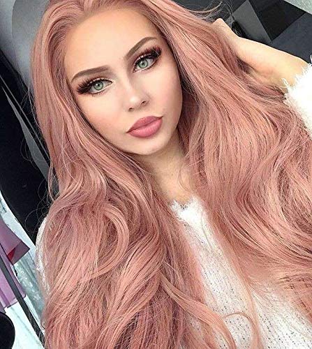 Cosswigs Long Wavy Peach Red Pink Lace Front Wig for Women Glueless Synthetic Pink Wig Heat Ok 24inches von Cosswigs