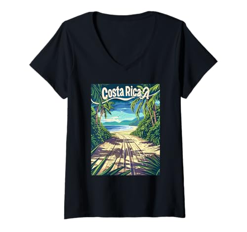 Damen Costa Rica Malerischer Strandweg mit Palmen T-Shirt mit V-Ausschnitt Damen Costa Rica Malerischer Strandweg mit Palmen T-Shirt mit V-Ausschnitt von Costa Rica Tropical Beach Paradise Design