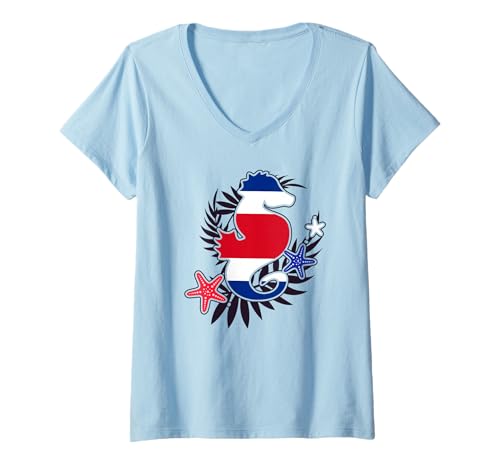 Damen Costa Rica Flagge Cute Seepferdchen Grafik Mädchen Kinder T-Shirt mit V-Ausschnitt von Costa Rican Flag Designs