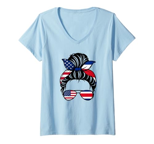 Damen US-Flagge Costa Rica Messy Bun Girl Kids Mom T-Shirt mit V-Ausschnitt Damen US-Flagge Costa Rica Messy Bun Girl Kids Mom T-Shirt mit V-Ausschnitt von Costa Rican USA Flag Designs