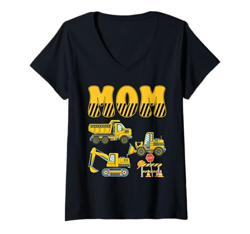 Damen Funny Mom Dad Construction Bagger Kids Boy Family Set T-Shirt mit V-Ausschnitt von Costume Construction Truck Matching Family