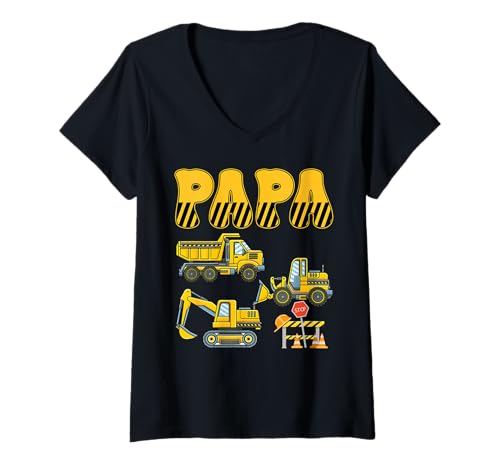 Damen Funny Papa Baubagger Kinder Junge Familie Set T-Shirt mit V-Ausschnitt von Costume Construction Truck Matching Family