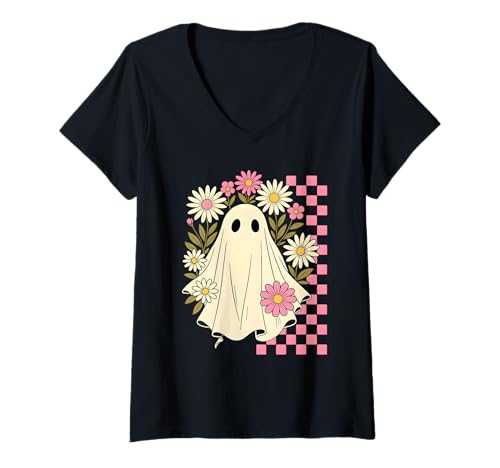 Damen Vintage Pink Flowers Ghost Groovy Halloween Spooky Girls T-Shirt mit V-Ausschnitt Damen Vintage Pink Flowers Ghost Groovy Halloween Spooky Girls T-Shirt mit V-Ausschnitt von Costume Spooky Ghost Halloween Girls Women
