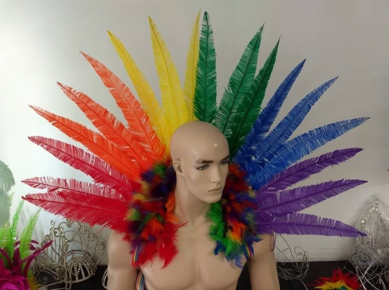 Große Regenbogen Kragen Nandu Feder Stück Karneval Samba Festzug Hora Loca Pride Farben von CostumeSupply