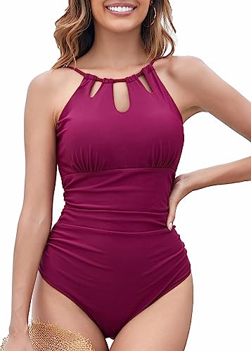 Coswind Badeanzug Damen Bauchweg Sexy Bademode V Ausschnitt Monokini Raffung Push Up Einteiler Schwimmanzug Swimsuit Burgunderrot05 XL von Coswind