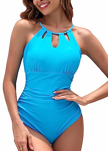 Coswind Badeanzug Damen Bauchweg Sexy Bademode V Ausschnitt Monokini Raffung Push Up Einteiler Schwimmanzug Swimsuit Hellblau05 L von Coswind