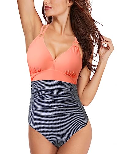 Coswind Badeanzug Damen Bauchweg Sexy Bademode V Ausschnitt Monokini Raffung Push Up Einteiler Schwimmanzug Swimsuit Orange Grau XL von Coswind