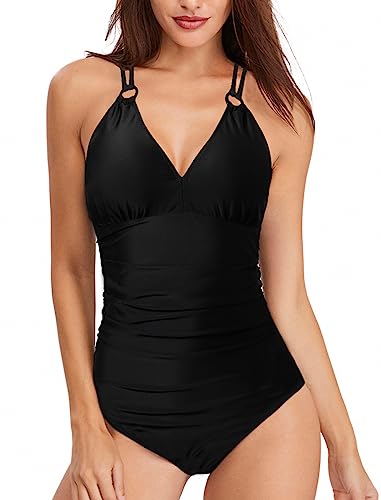 Coswind Badeanzug Damen Bauchweg Sexy Bademode V Ausschnitt Monokini Raffung Push Up Einteiler Schwimmanzug Swimsuit Schwarz L von Coswind