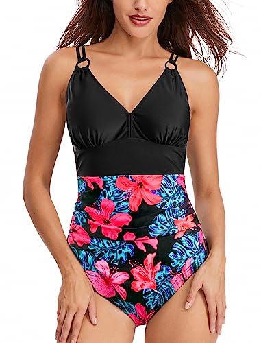 Coswind Badeanzug Damen Bauchweg Sexy Bademode V Ausschnitt Monokini Raffung Push Up Einteiler Schwimmanzug Swimsuit Schwarz Rosa Blume L von Coswind