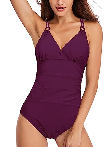 Coswind Badeanzug Damen Bauchweg Sexy Bademode V Ausschnitt Monokini Raffung Push Up Einteiler Schwimmanzug Swimsuit Violett L von Coswind