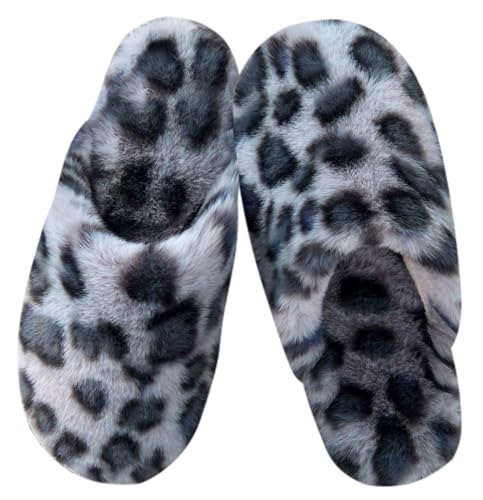Coswind Hausschuhe Damen Herren Winter Warme Plüsch Kuschel Flauschige Pantoletten Gefütterte Weiche Rutschfeste Unisex with Memory Foam Schöne Dicke Bequeme Grauer Leopard 280 von Coswind