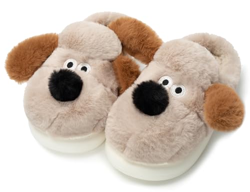 Coswind Kuh Hausschuhe Damen Herren Plüsch Pantoletten Winter Weiche Warme Bequeme Flauschige Tiere Leichte Kuschel Rutschfeste Cozy Geschlossen Lustige Schuhe Khaki Hund 270 von Coswind