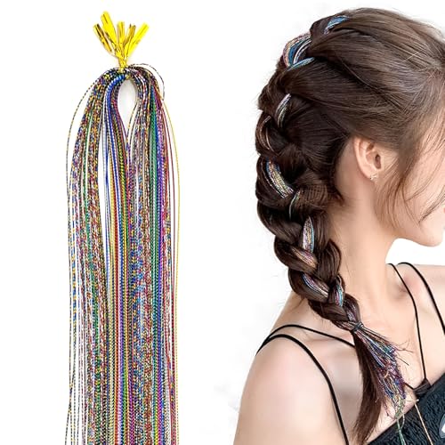 Buntes Haarlametta Glitzernde, 50 Stück Haarschnüre Tinsel Hair Extensions Party Highlights Hair Tinsel Haarsträhnen Zum Einflechten Fadengarn Flechtdrahtband für Mädchen Frauen (50 Stück Metall) von Cosysparks