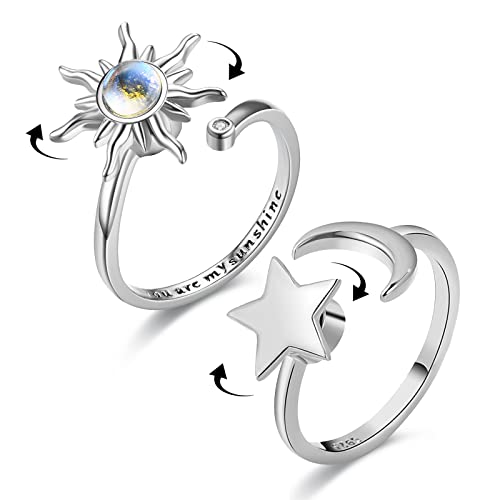 Cosysparks Fidget Ring Mädchen, 2pcs Einstellbar Offen Spinner Ring Silber Fidget Ring Silber Mondsternring Zappelringe Für Anxiety Ring mit Geschenkbox von Cosysparks