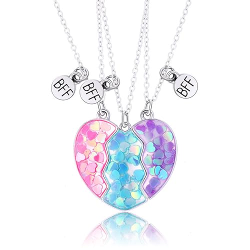Cosysparks Freundschaftsketten für 3, 3 Pcs Beste Freunde Kette 3 Schwestern Halskette Bff Ketten für 3 Mädchen Kette Herz Anhänger Schmuck Geschenk für Mädchen (Rosa+Blau+Lila) von Cosysparks