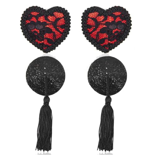 Cosysparks Nippelpads Glitzer 2 Paare, Blütenblatt nippel Cover Damen und Herz brustwarzen abdeckungen Klebstoff nippelpads sexy nippel Cover wiederverwendbar in Schwarz und Rot von Cosysparks