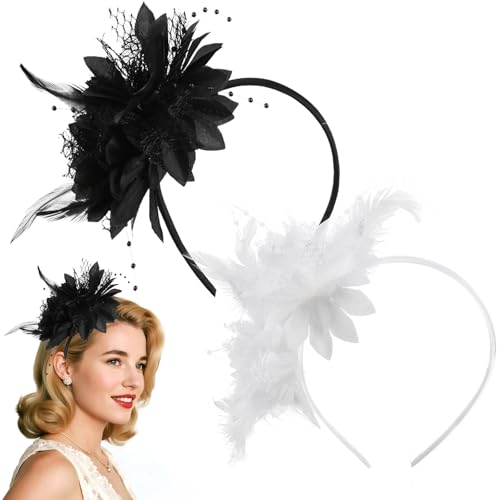 Feder Haarschmuck, 2 Stück Elegantes Schwarz-Weiß Kopfschmuck Fascinator Damen 1920er Kopfstück für Frauen Elastisches Haarzubehör für Hochzeit Karneval Cocktail Prom Party von Cosysparks