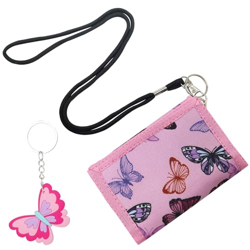 Geldbeutel Kinder Mädchen,Schmetterling Brieftasche für Mädchen Kinder Geldbörse mit Lanyard Münze Taschenkartenhalter Dreifache Mädchen Brieftasche mit Schmetterling Schlüsselanhänger (Schmetterling) von Cosysparks