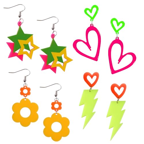 Neon Ohrringe 80er Jahre Damen,4 Paare Bunte Acryl Blume Blitz Bolt Fünfspitze Stern hängende Herz Drop Ohrringe Funky Neon Party Zubehör für 80er Theme Kostüm von Cosysparks