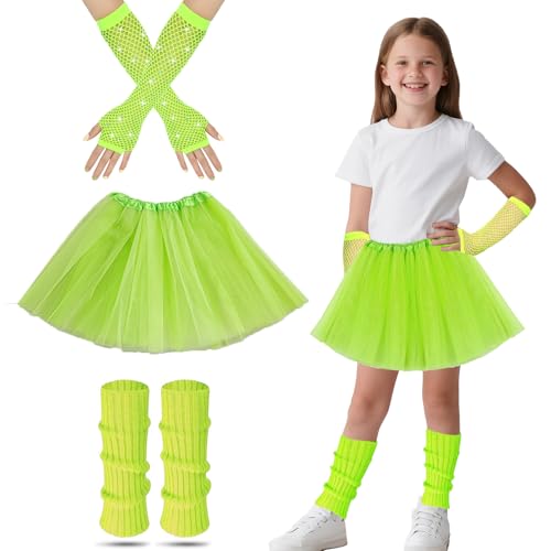 Stulpen Tütü Kinder,80er Jahre Fancy Kleid Für Kinder Mit Grün Bein Warmer Tutu Rock Neon Fishnet Handschuhe 80er Jahre Fancy Kleid 80er Jahre Themenparty Kostüm Zubehör Set Für Mädchen (Grün) von Cosysparks