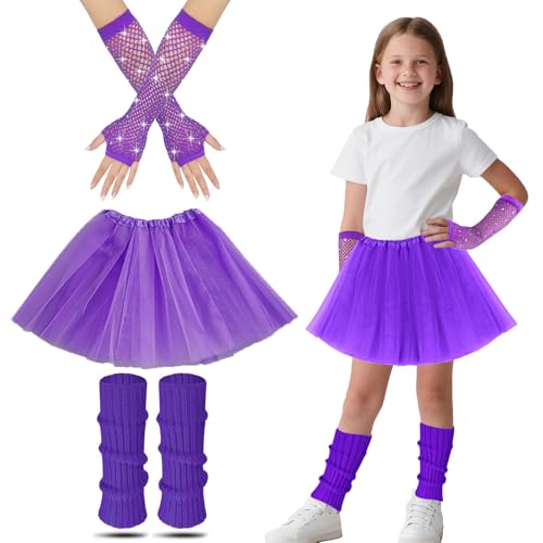Stulpen Tütü Kinder,80er Jahre Fancy Kleid Für Kinder Mit Lila Bein Warmer Tutu Rock Neon Fishnet Handschuhe 80er Jahre Fancy Kleid 80er Jahre Themenparty Kostüm Zubehör Set Für Mädchen (Lila) von Cosysparks