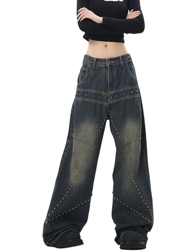 Cotoinddy Street Fashion Loose Jeans Damen Y2k Rivet Star Gothic Loose Denim Pants, Blau, X-Klein Cotoinddy Street Fashion Loose Jeans Damen Y2k Rivet Star Gothic Loose Denim Pants, Blau, X-Klein von Cotoinddy